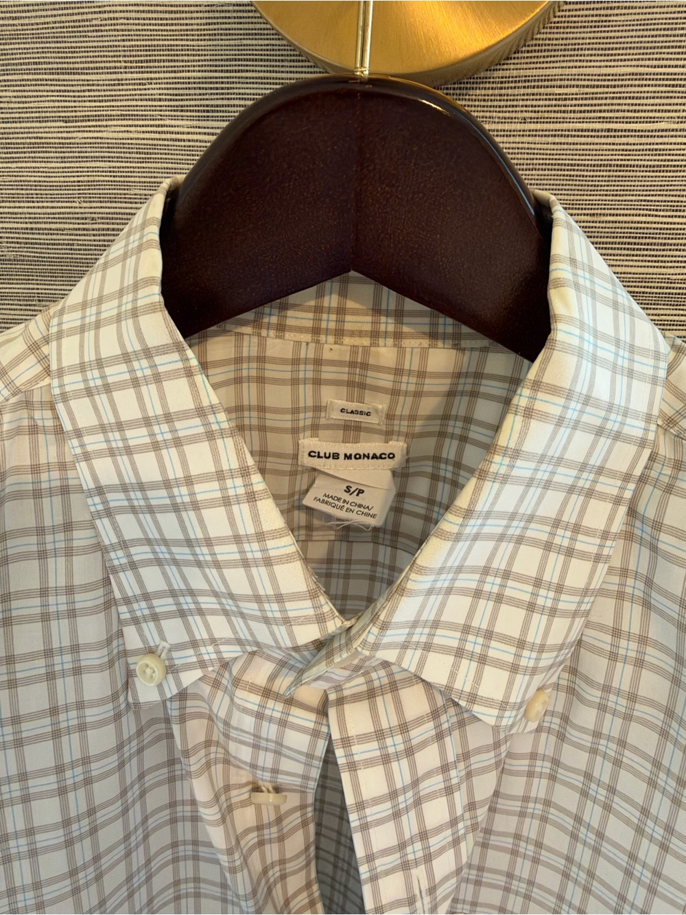 Club Monaco Men's Light Blue & White Plaid Button-Up Shirt